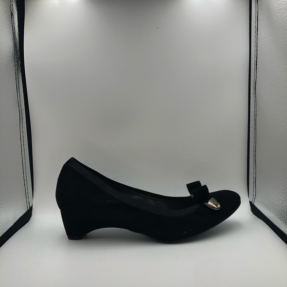 Stuart Weitzman Black Suede Silver Bow Derail Wedges Sz 9 - Picture 10 of 11